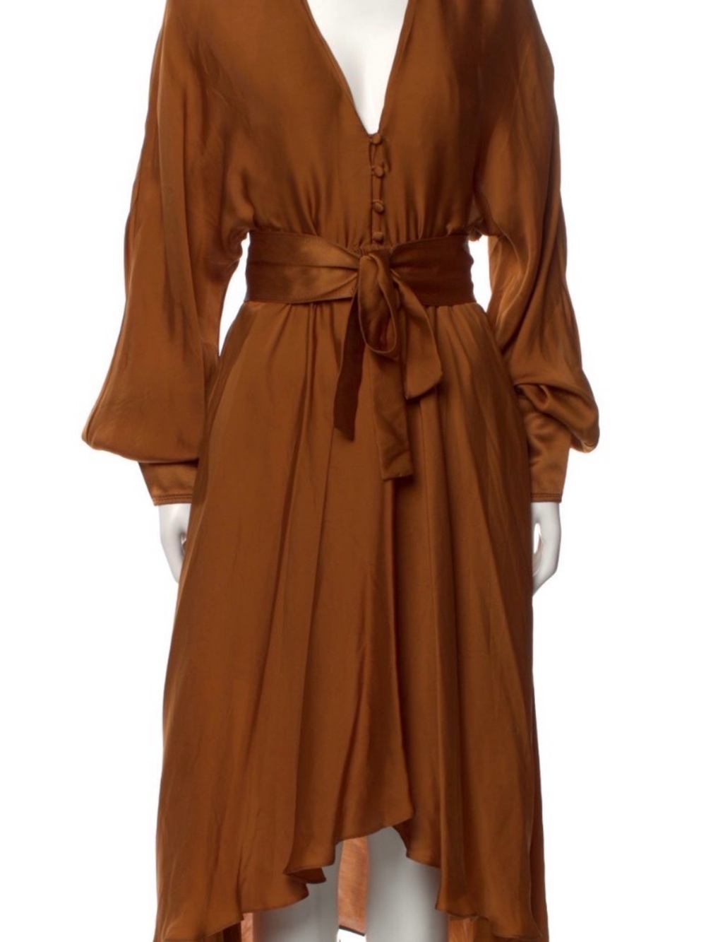 Satin High-Low Wrap Dress with Tie Waist in Rust